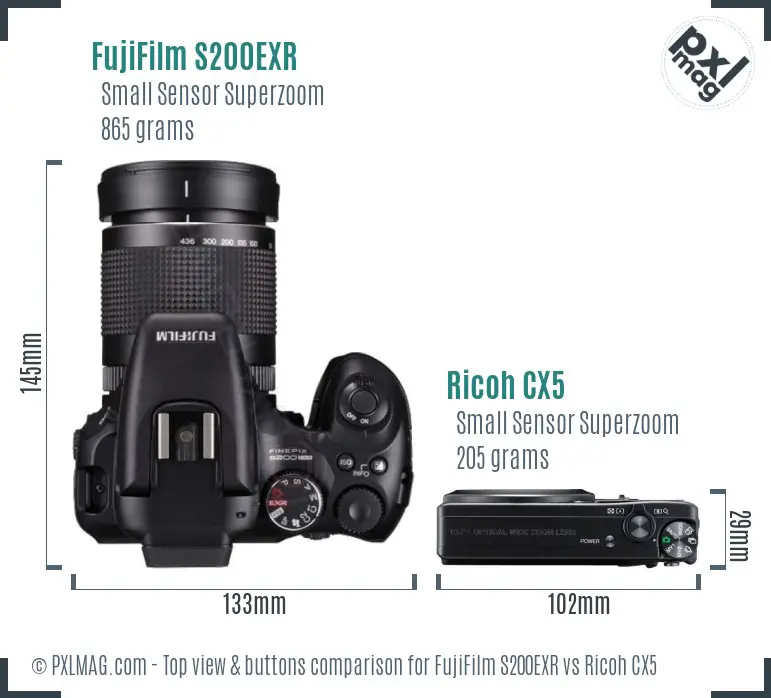 FujiFilm S200EXR vs Ricoh CX5 top view buttons comparison FujiFilm S200EXR vs Ricoh CX5 top view buttons comparison