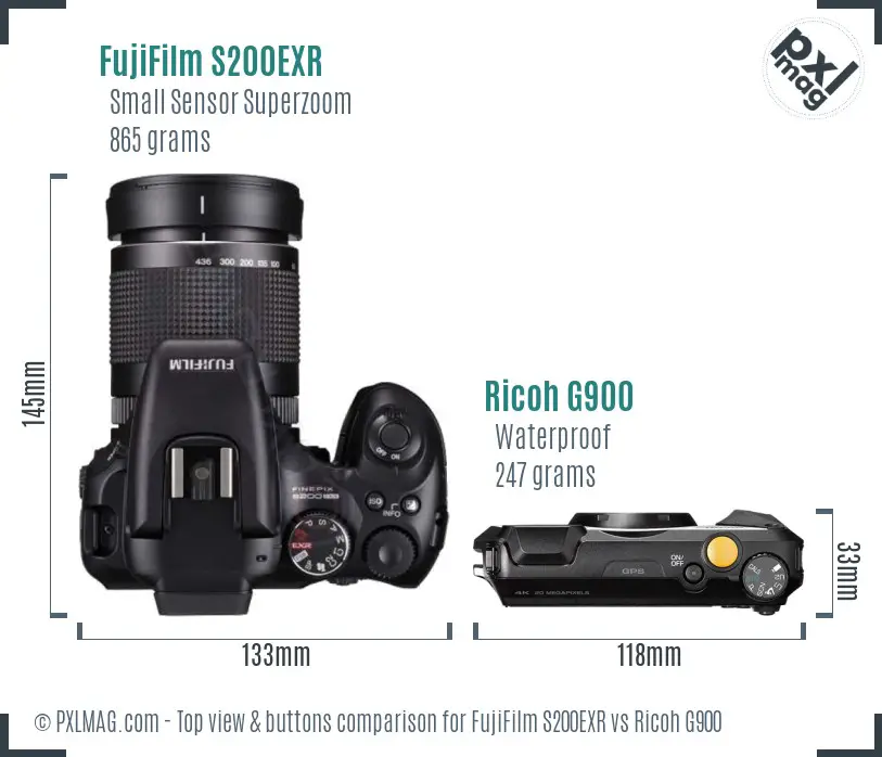 FujiFilm S200EXR vs Ricoh G900 top view buttons comparison