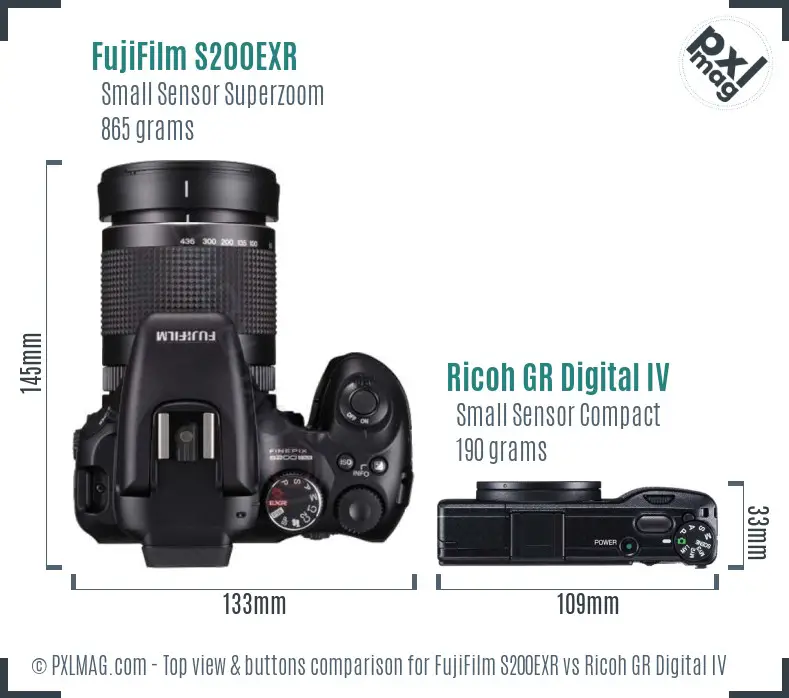 FujiFilm S200EXR vs Ricoh GR Digital IV top view buttons comparison