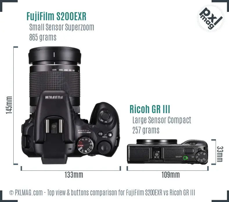 FujiFilm S200EXR vs Ricoh GR III top view buttons comparison