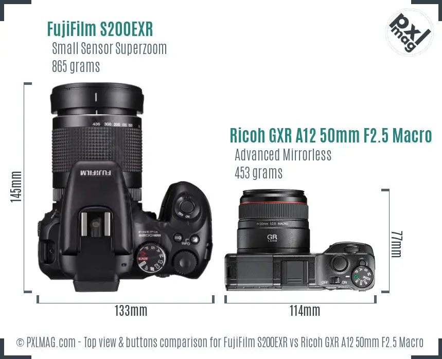 FujiFilm S200EXR vs Ricoh GXR A12 50mm F2.5 Macro top view buttons comparison FujiFilm S200EXR vs Ricoh GXR A12 50mm F2.5 Macro top view buttons comparison