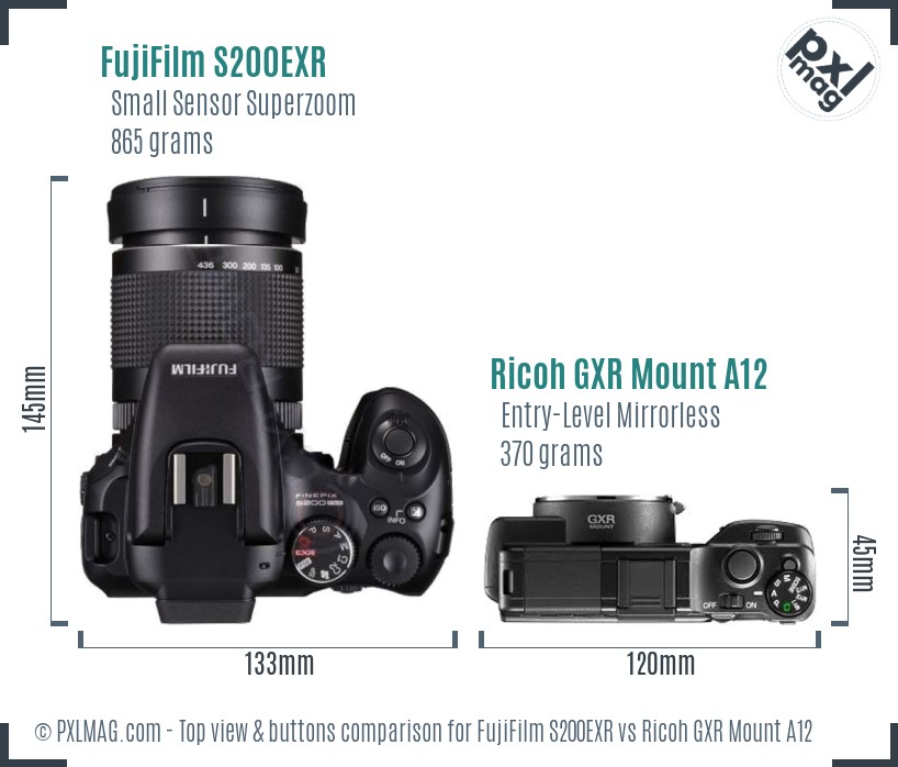 FujiFilm S200EXR vs Ricoh GXR Mount A12 top view buttons comparison