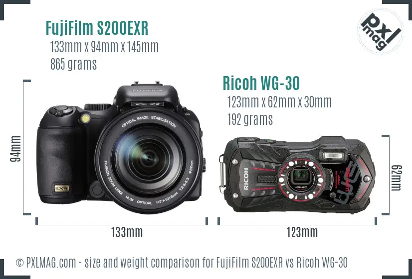 FujiFilm S200EXR vs Ricoh WG-30 size comparison