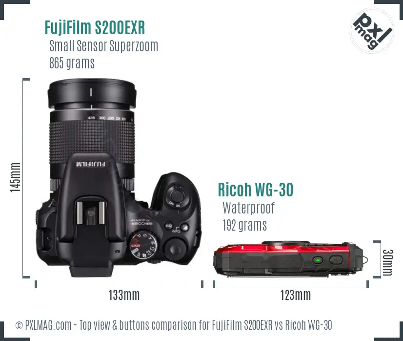 FujiFilm S200EXR vs Ricoh WG-30 top view buttons comparison