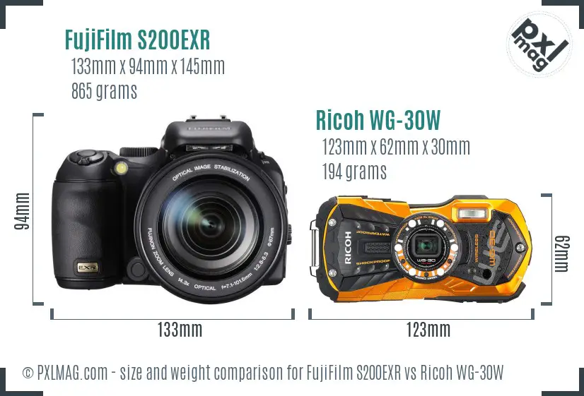 FujiFilm S200EXR vs Ricoh WG-30W size comparison