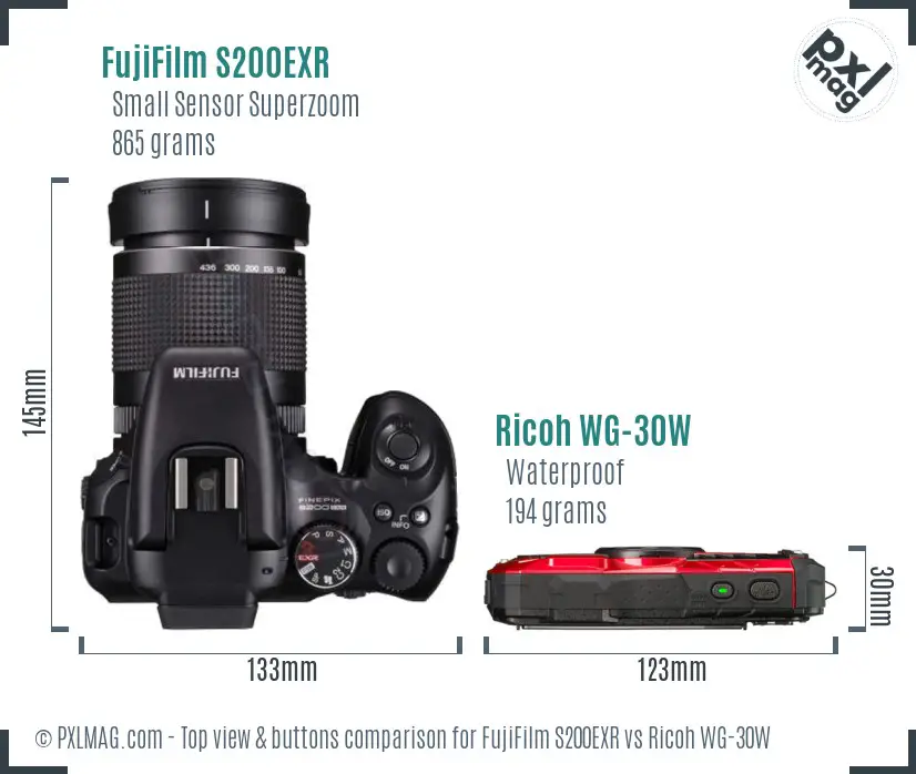 FujiFilm S200EXR vs Ricoh WG-30W top view buttons comparison