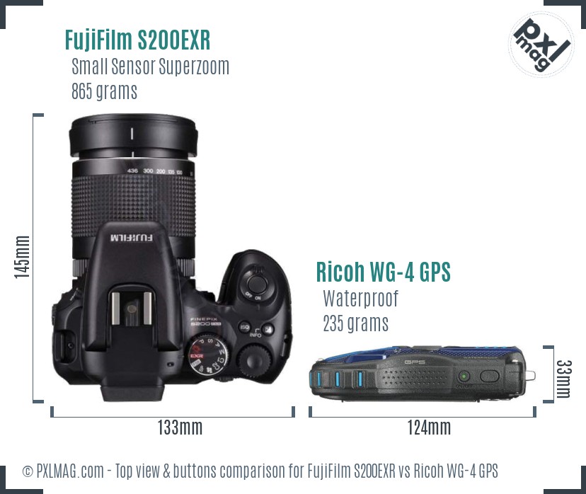 FujiFilm S200EXR vs Ricoh WG-4 GPS top view buttons comparison
