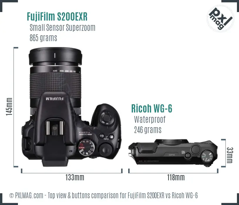 FujiFilm S200EXR vs Ricoh WG-6 top view buttons comparison