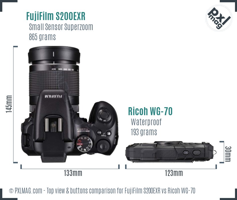 FujiFilm S200EXR vs Ricoh WG-70 top view buttons comparison