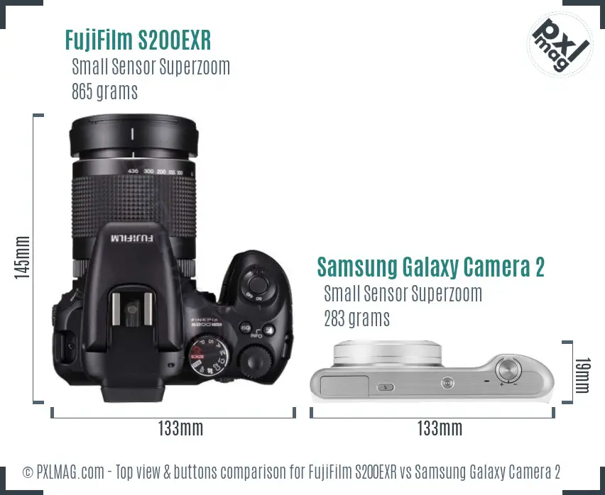 FujiFilm S200EXR vs Samsung Galaxy Camera 2 top view buttons comparison