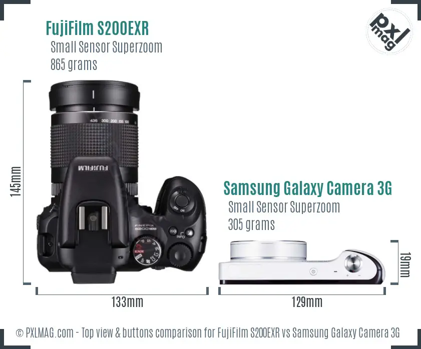 FujiFilm S200EXR vs Samsung Galaxy Camera 3G top view buttons comparison