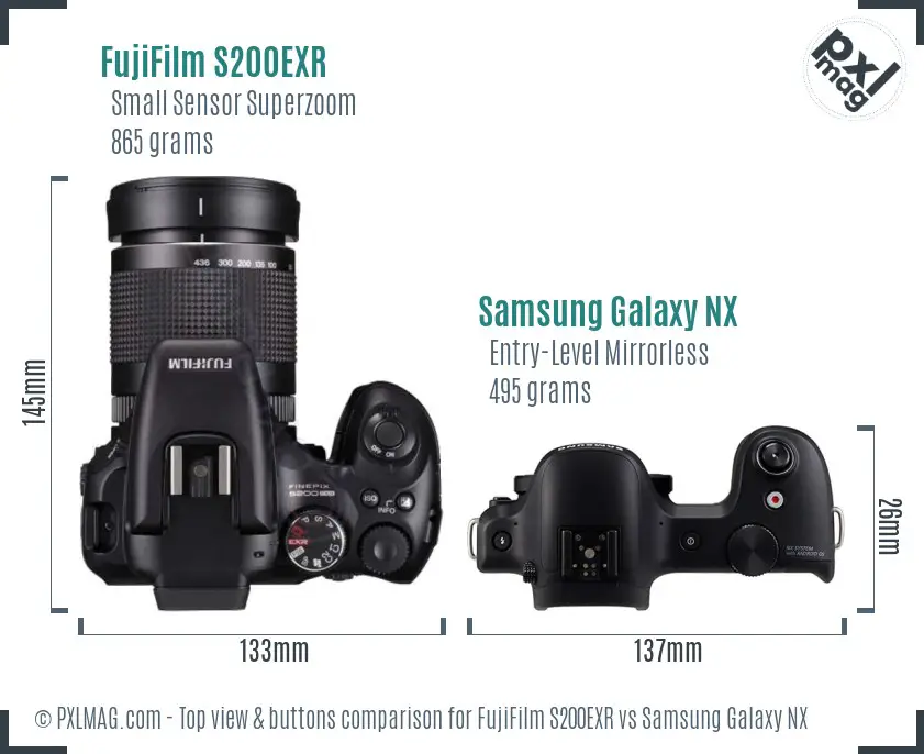 FujiFilm S200EXR vs Samsung Galaxy NX top view buttons comparison