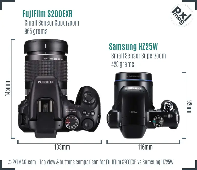 FujiFilm S200EXR vs Samsung HZ25W top view buttons comparison FujiFilm S200EXR vs Samsung HZ25W top view buttons comparison