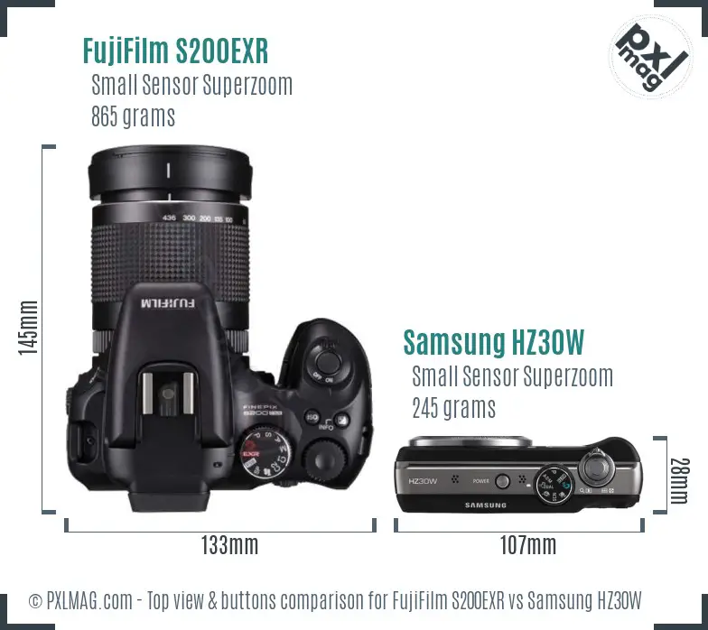 FujiFilm S200EXR vs Samsung HZ30W top view buttons comparison FujiFilm S200EXR vs Samsung HZ30W top view buttons comparison