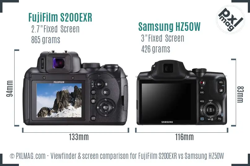 FujiFilm S200EXR vs Samsung HZ50W Screen and Viewfinder comparison