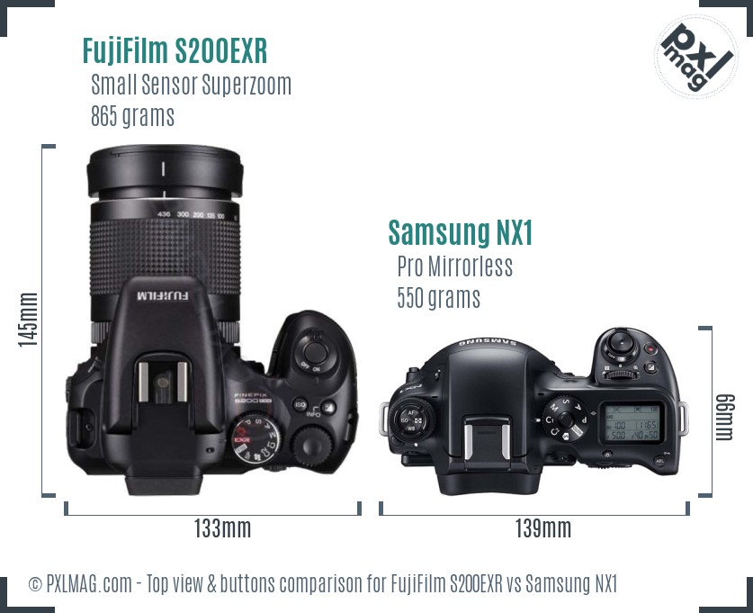 FujiFilm S200EXR vs Samsung NX1 top view buttons comparison