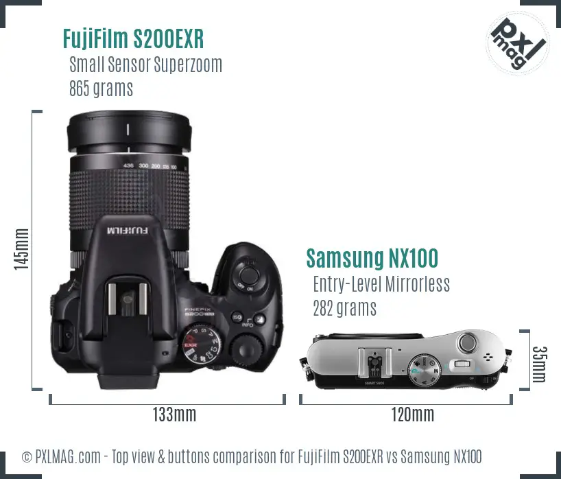 FujiFilm S200EXR vs Samsung NX100 top view buttons comparison