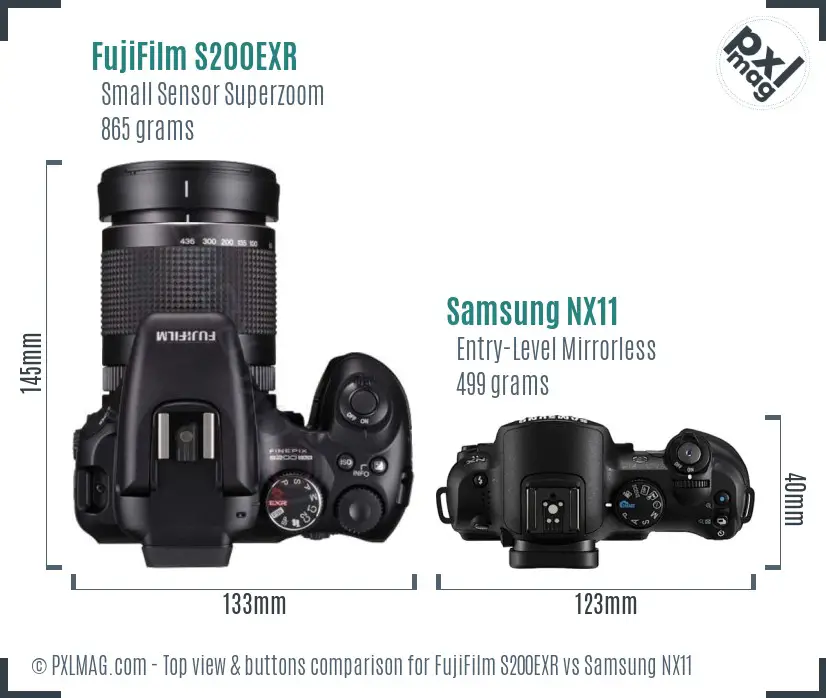 FujiFilm S200EXR vs Samsung NX11 top view buttons comparison