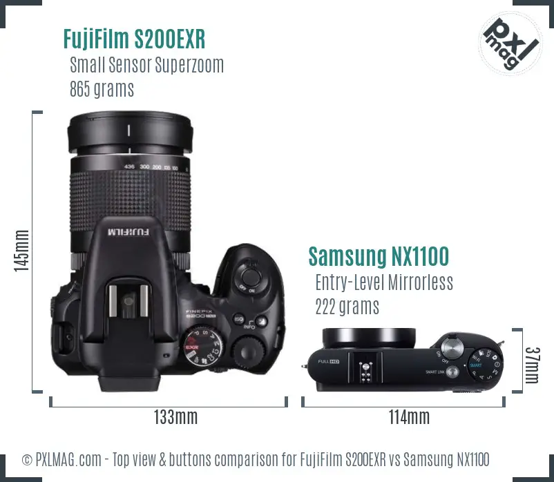 FujiFilm S200EXR vs Samsung NX1100 top view buttons comparison