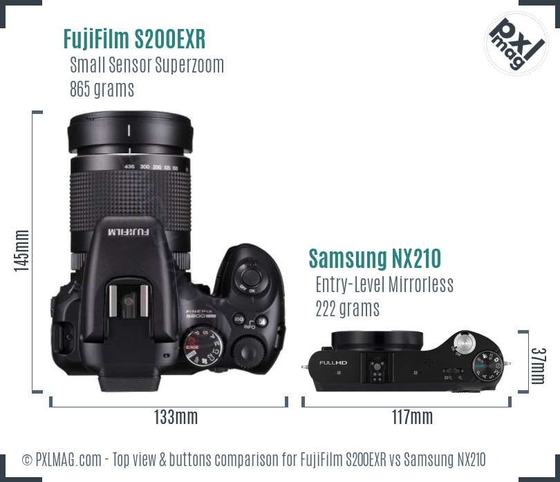 FujiFilm S200EXR vs Samsung NX210 top view buttons comparison