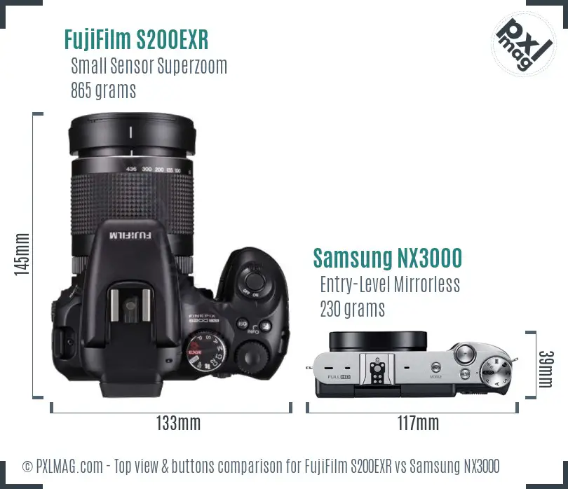 FujiFilm S200EXR vs Samsung NX3000 top view buttons comparison