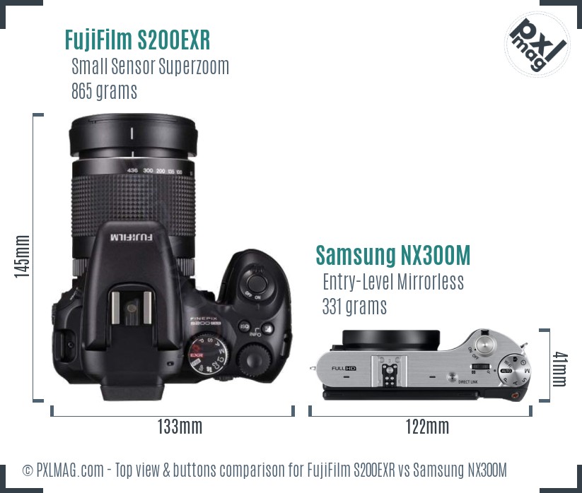 FujiFilm S200EXR vs Samsung NX300M top view buttons comparison