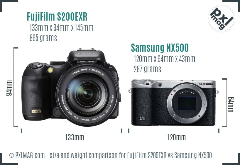 FujiFilm S200EXR vs Samsung NX500 size comparison