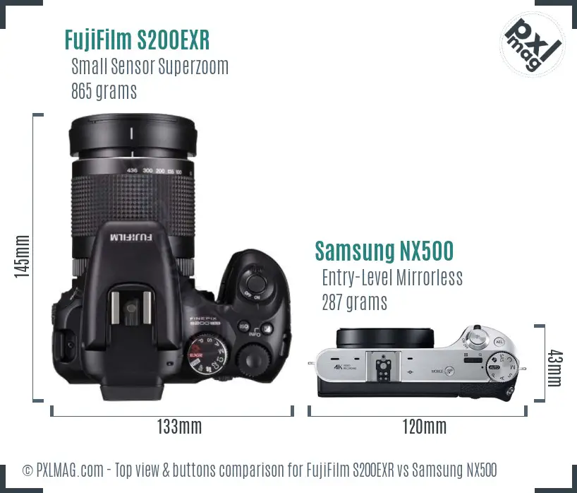 FujiFilm S200EXR vs Samsung NX500 top view buttons comparison