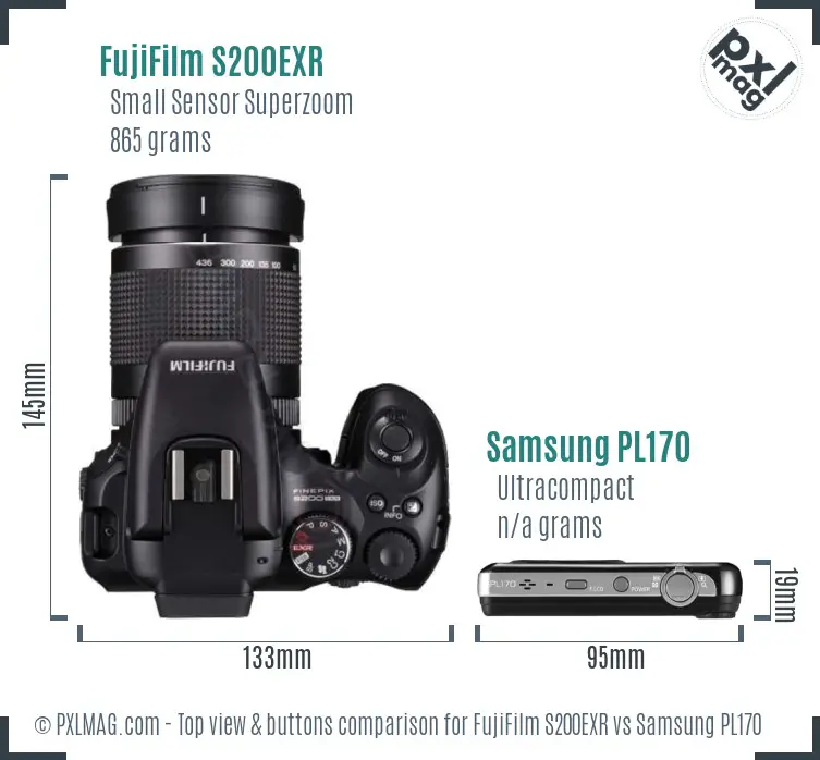 FujiFilm S200EXR vs Samsung PL170 top view buttons comparison FujiFilm S200EXR vs Samsung PL170 top view buttons comparison