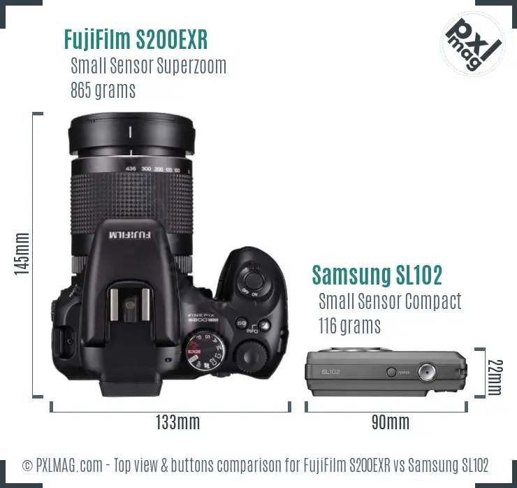 FujiFilm S200EXR vs Samsung SL102 top view buttons comparison FujiFilm S200EXR vs Samsung SL102 top view buttons comparison
