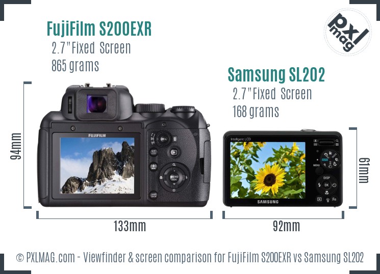 FujiFilm S200EXR vs Samsung SL202 Screen and Viewfinder comparison