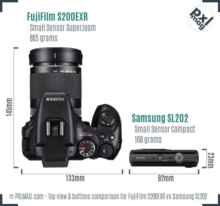 FujiFilm S200EXR vs Samsung SL202 top view buttons comparison