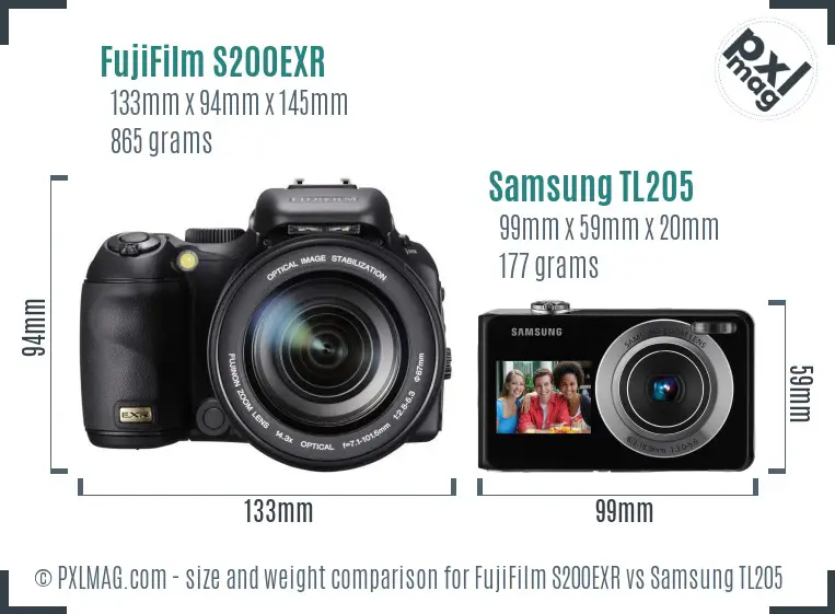 FujiFilm S200EXR vs Samsung TL205 size comparison