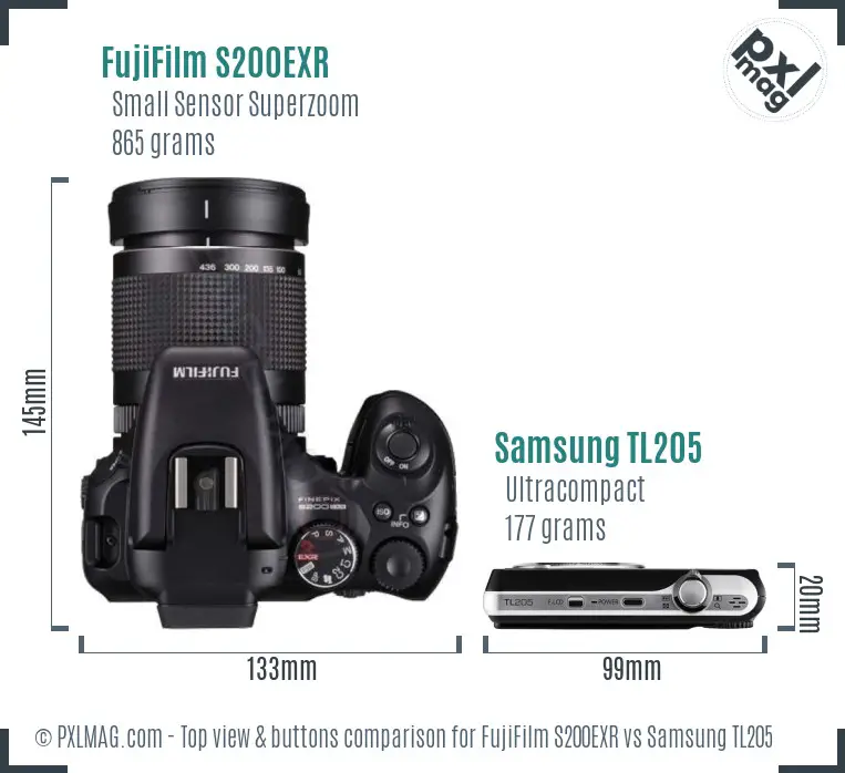 FujiFilm S200EXR vs Samsung TL205 top view buttons comparison
