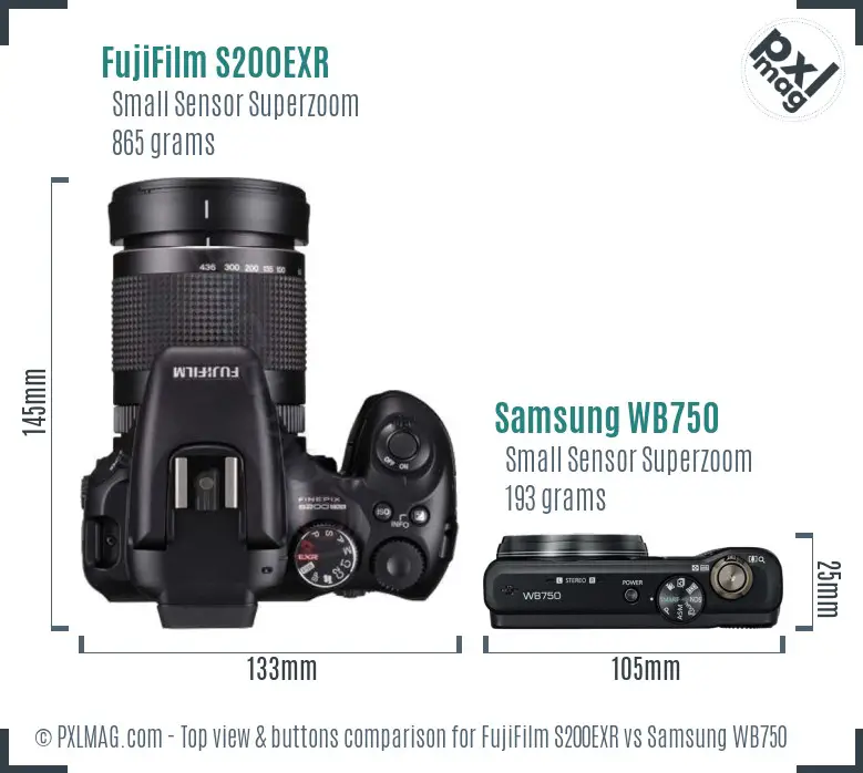 FujiFilm S200EXR vs Samsung WB750 top view buttons comparison