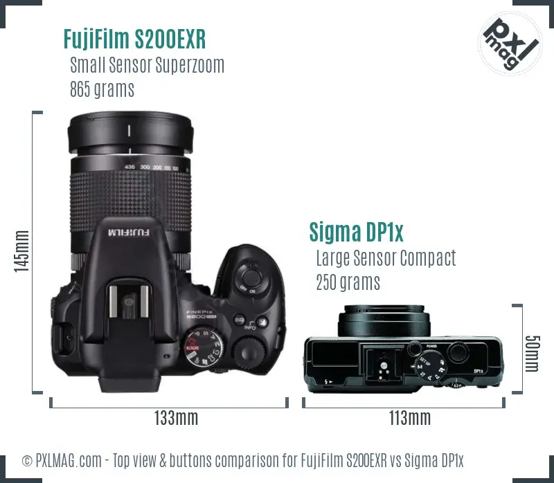 FujiFilm S200EXR vs Sigma DP1x top view buttons comparison