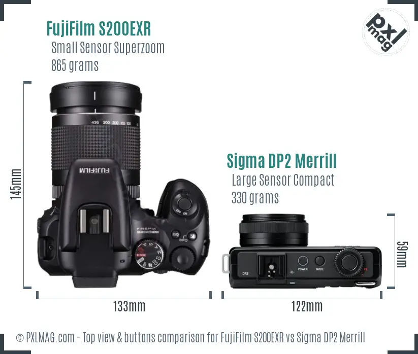 FujiFilm S200EXR vs Sigma DP2 Merrill top view buttons comparison FujiFilm S200EXR vs Sigma DP2 Merrill top view buttons comparison