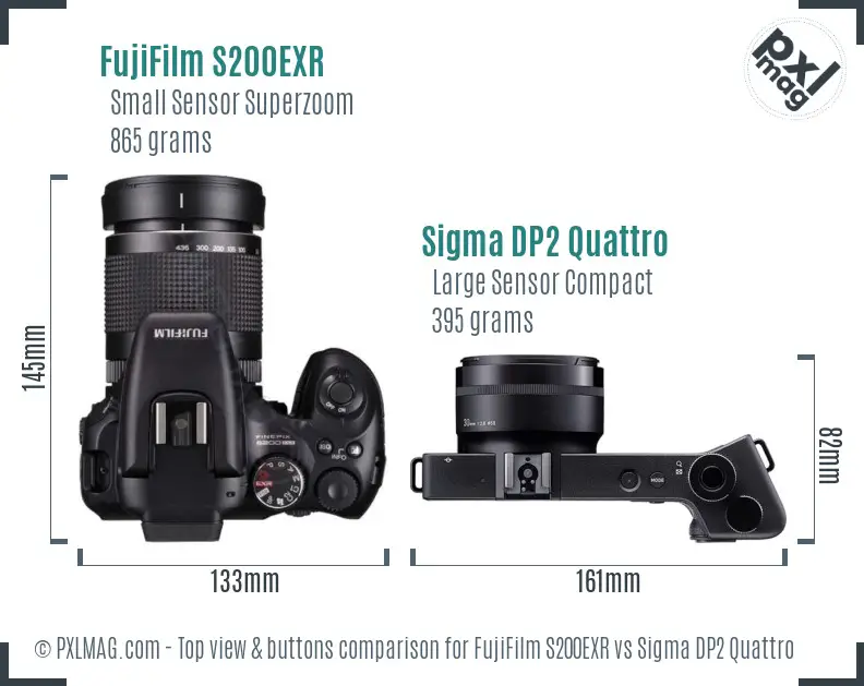 FujiFilm S200EXR vs Sigma DP2 Quattro top view buttons comparison