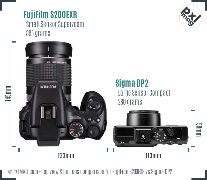 FujiFilm S200EXR vs Sigma DP2 top view buttons comparison