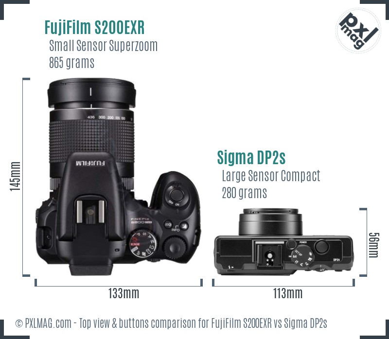 FujiFilm S200EXR vs Sigma DP2s top view buttons comparison