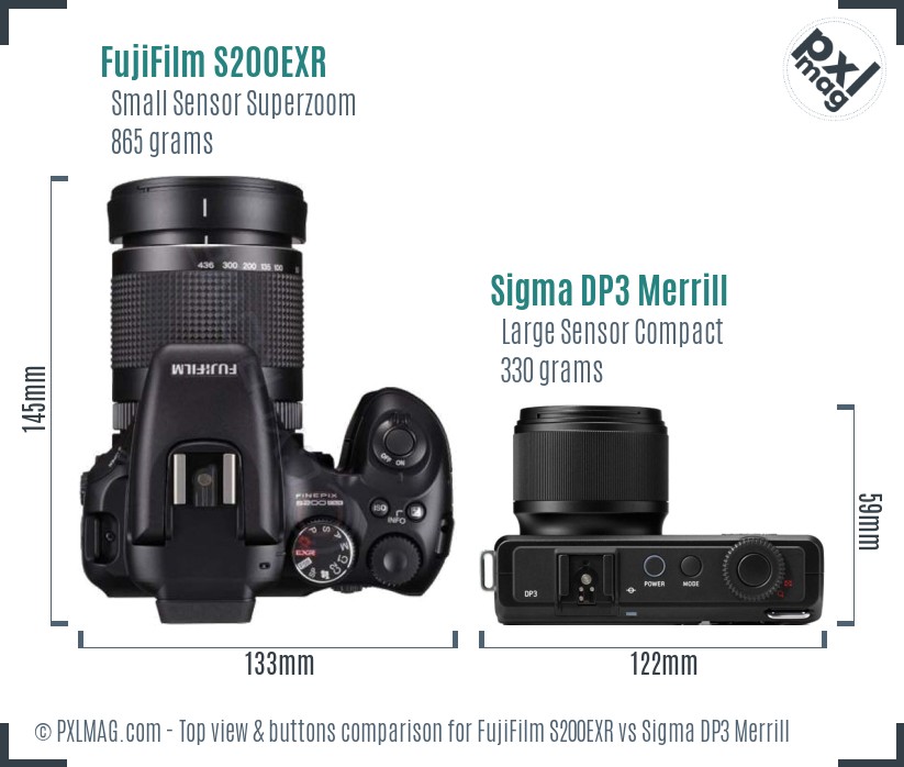 FujiFilm S200EXR vs Sigma DP3 Merrill top view buttons comparison