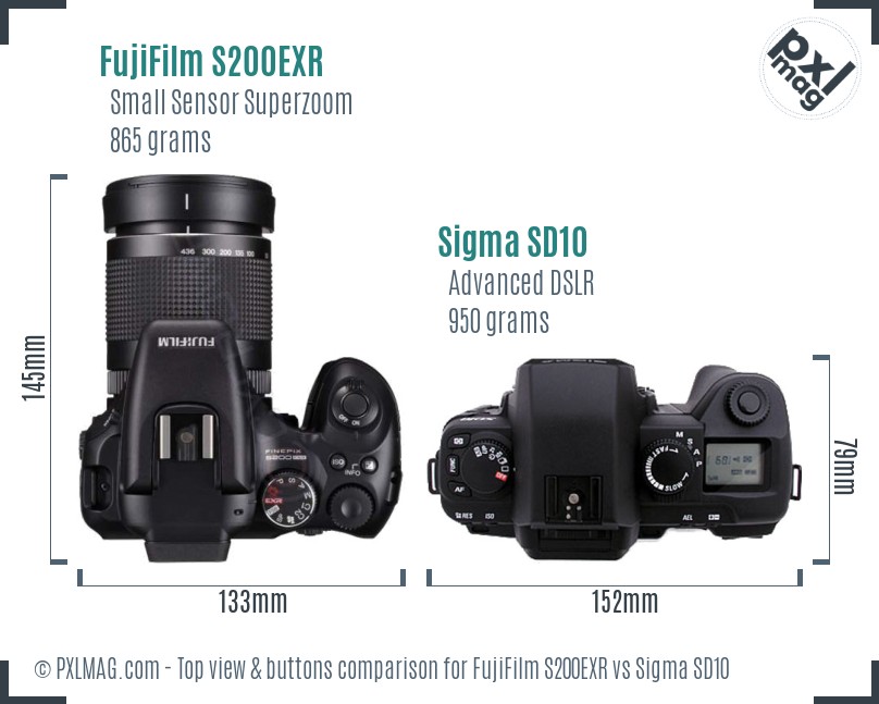 FujiFilm S200EXR vs Sigma SD10 top view buttons comparison