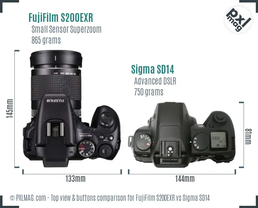 FujiFilm S200EXR vs Sigma SD14 top view buttons comparison