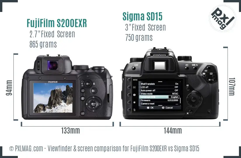 FujiFilm S200EXR vs Sigma SD15 Screen and Viewfinder comparison