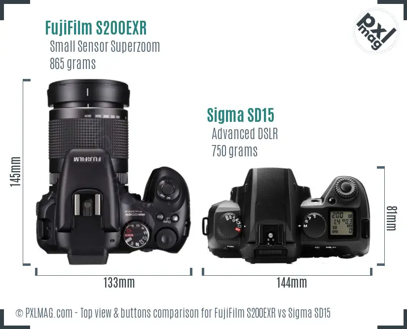 FujiFilm S200EXR vs Sigma SD15 top view buttons comparison