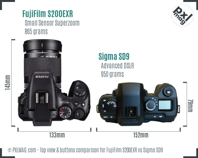 FujiFilm S200EXR vs Sigma SD9 top view buttons comparison