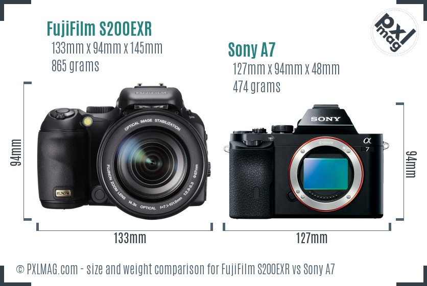FujiFilm S200EXR vs Sony A7 size comparison