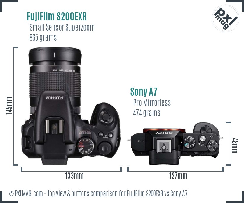 FujiFilm S200EXR vs Sony A7 top view buttons comparison