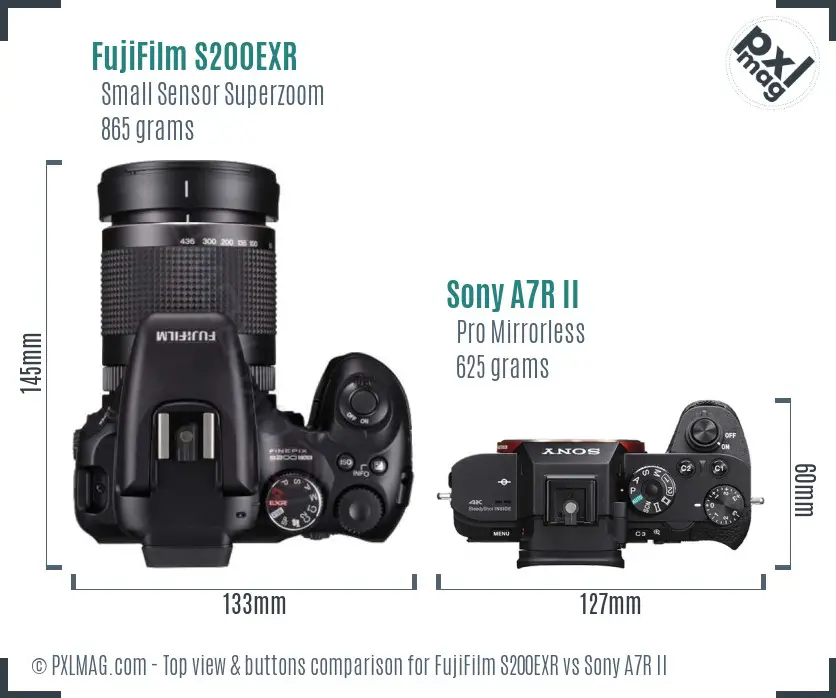FujiFilm S200EXR vs Sony A7R II top view buttons comparison FujiFilm S200EXR vs Sony A7R II top view buttons comparison