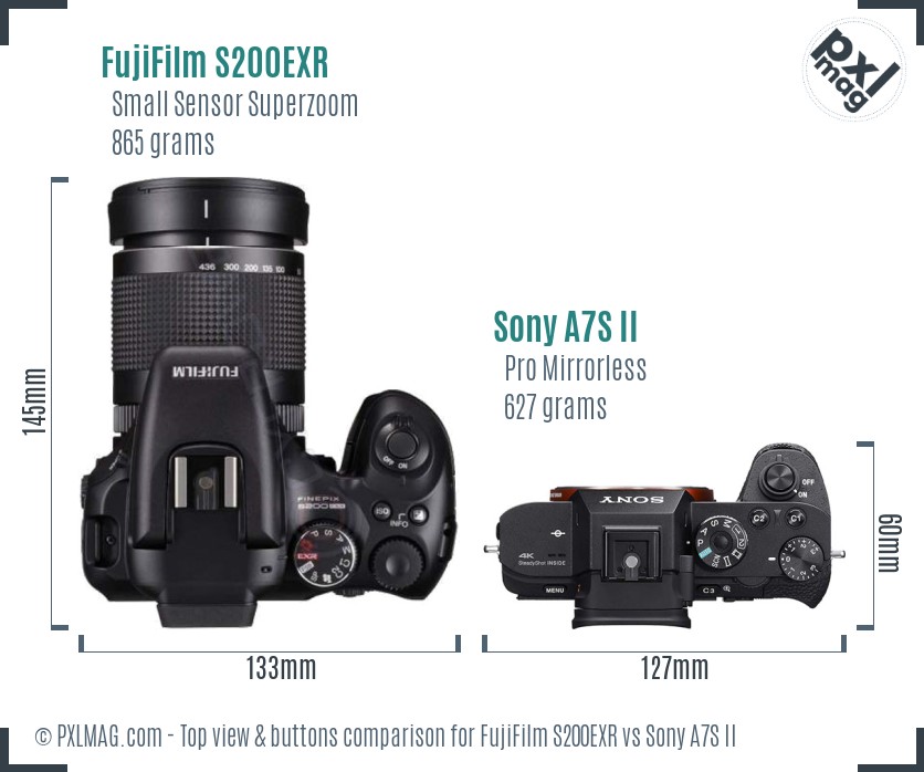 FujiFilm S200EXR vs Sony A7S II top view buttons comparison